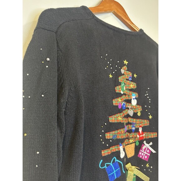 Vintage Black Christmas Cardiagn Petite Large Front Back Holiday Graphic Festive - Picture 13 of 13